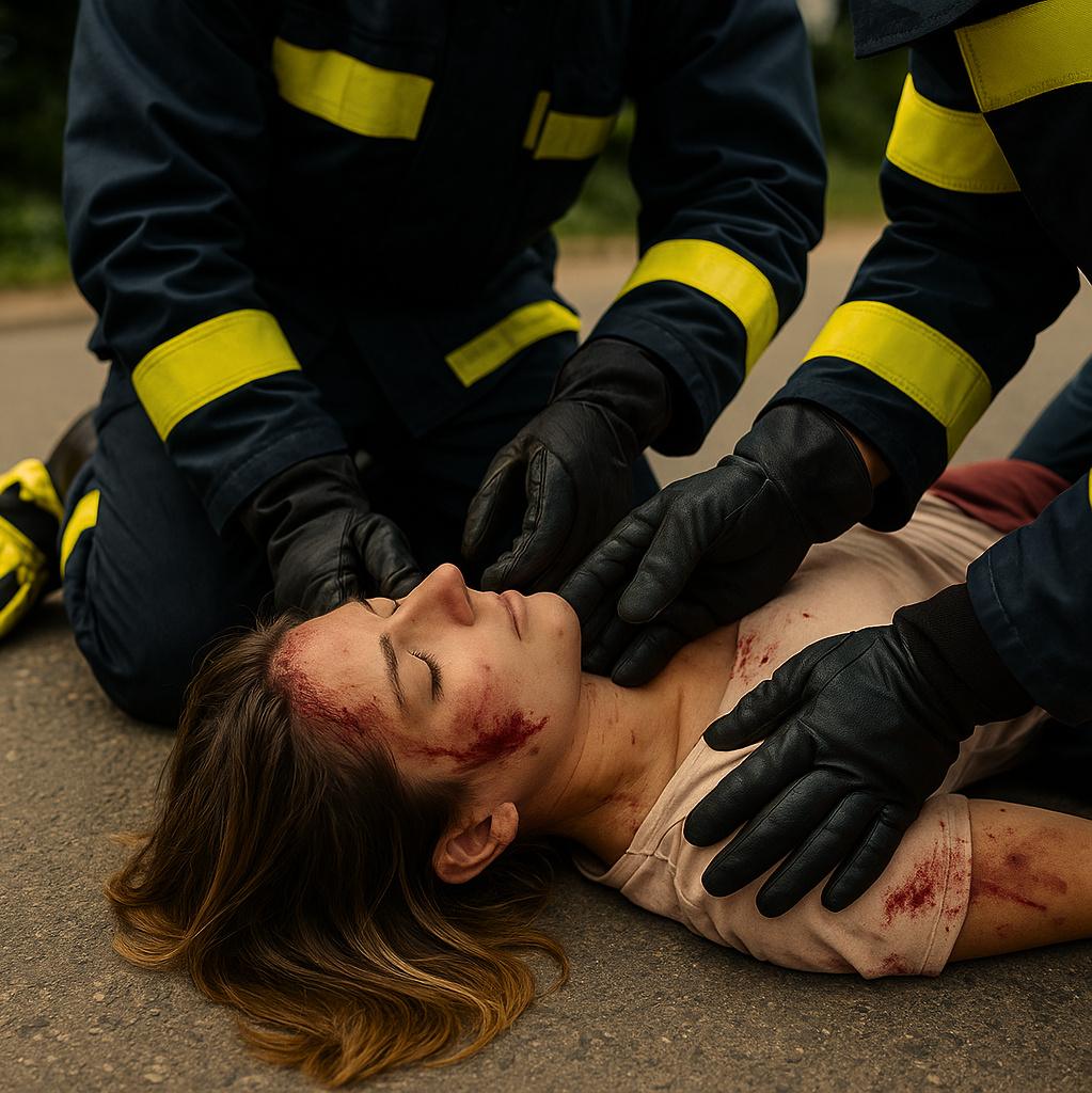 Trauma-acteur met letselgrime tijdens een oefening met een hulpverlener